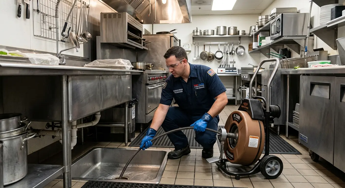 Commercial drain cleaning service in a restaurant kitchen in Lunenburg