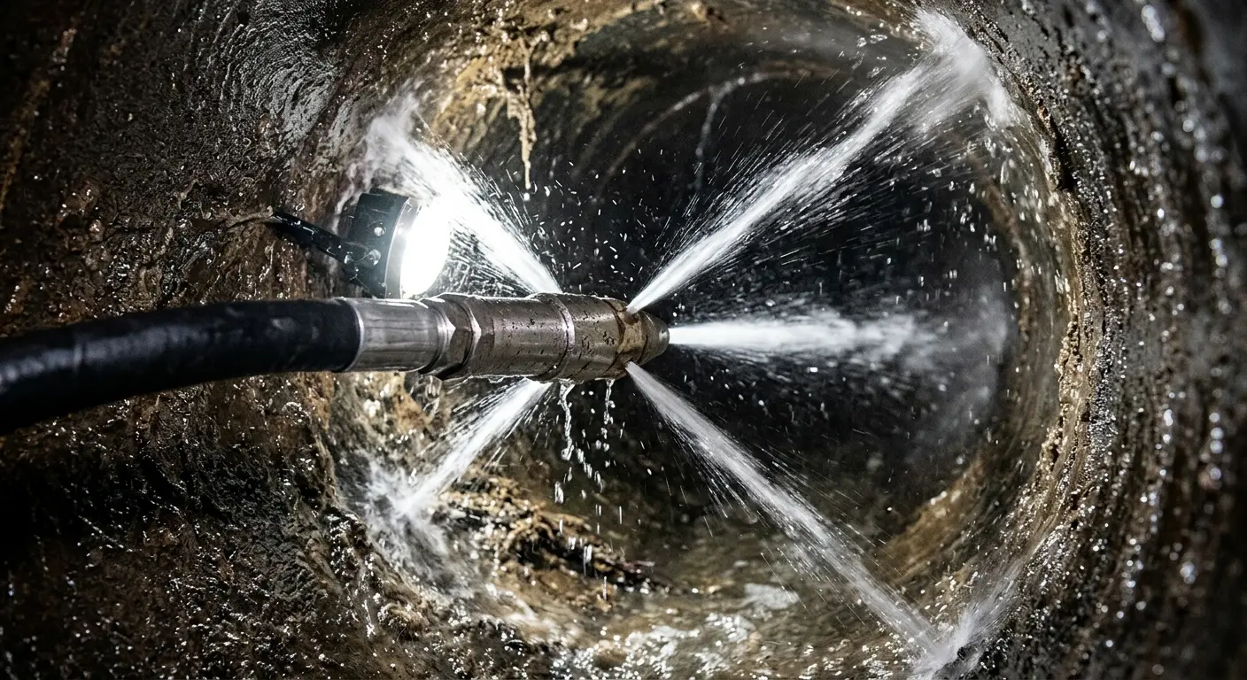 High-pressure hydro jetting nozzle cleaning sewer pipe for Emergency Drain Service in Lunenburg