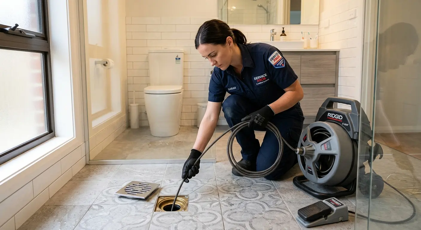 Technician clearing a bathroom floor drain for Drain Repair in Lunenburg